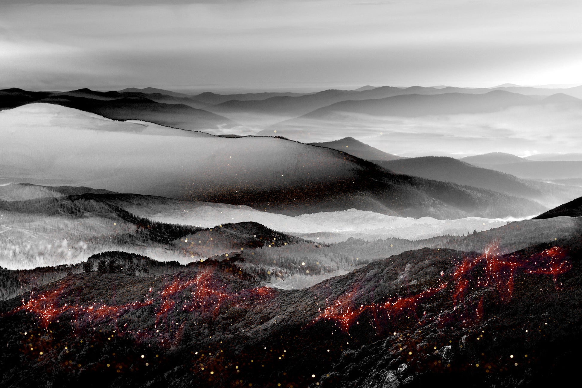 "Lucent Mountainscape"by Shannon Black is a fine art photograph that invites viewers to immerse themselves in a surreal world where nature's grandeur meets vibrant bursts of energy. This digital photographic collage showcases a stunning mountainscape, composed of layers of hills that extend into the horizo