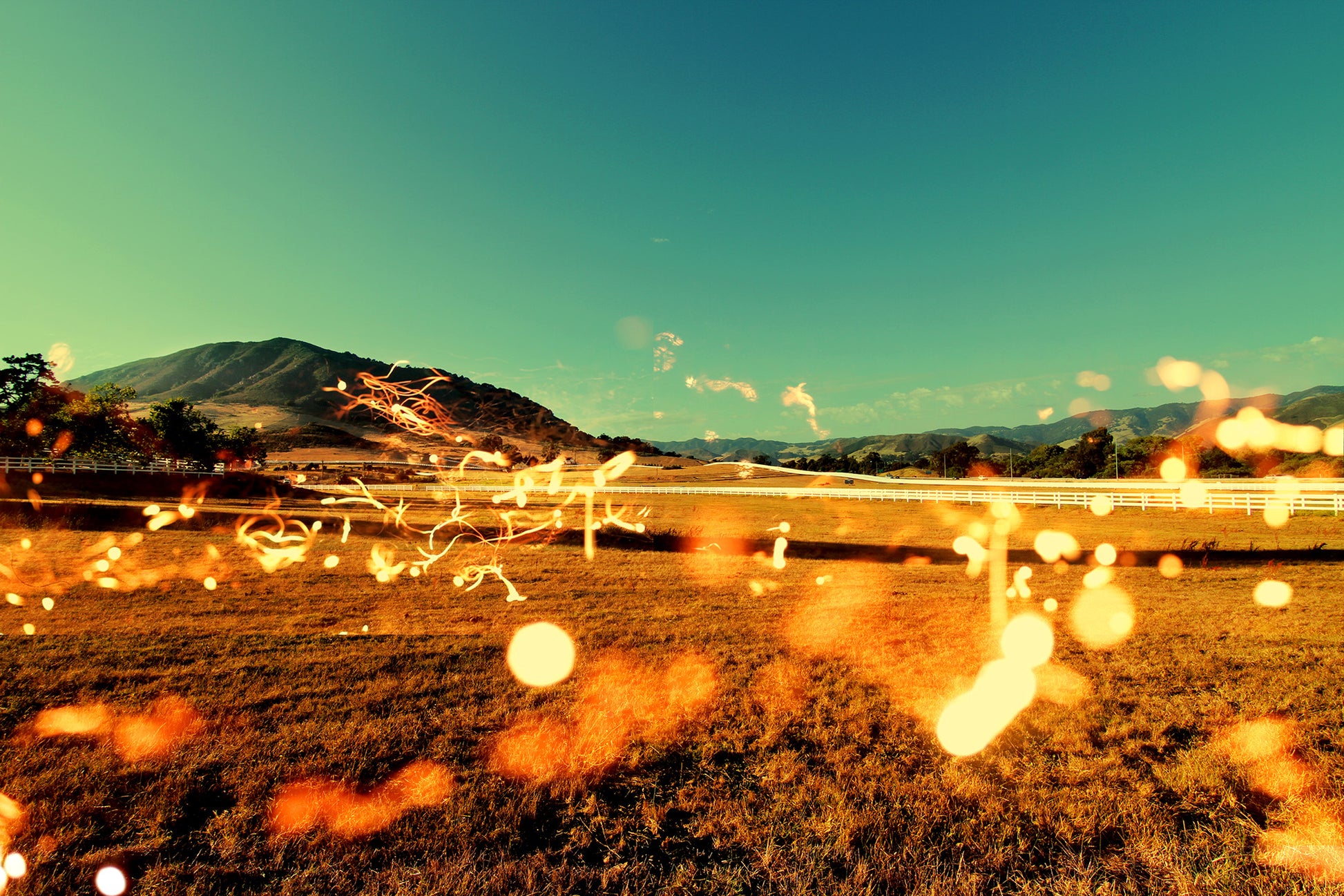 This fine art photograph by Shannon Black captures the breathtaking beauty of the landscape in San Luis Obispo. The image presents a scene of rolling hills and an expansive field, illuminated by the vibrant sky. Adding an ethereal touch to the composition, the landscape is overlayed with captivating light sparks and streaks that create a sense of enchantment and wonder.